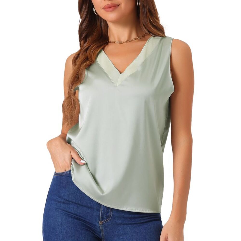 Silky Satin Tank Tops Mesh V Neck Casual Summer Basic Tank Shirt Light Green